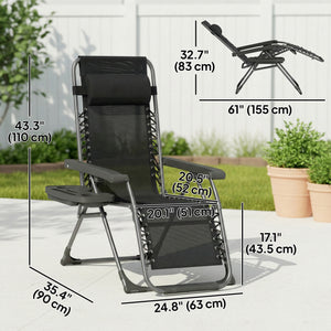 Set of 2 Zero Gravity Outdoor Lounge Chairs, Folding and Reclining, with Cup Holder and Headrest, Black.