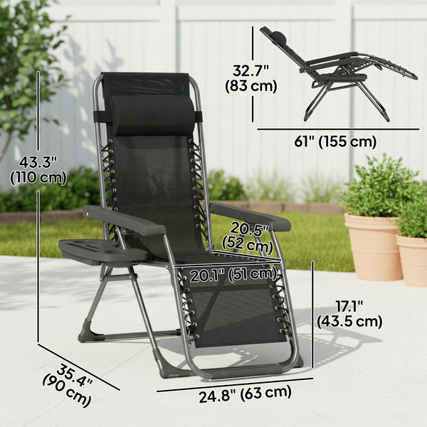 Set of 2 Zero Gravity Outdoor Lounge Chairs, Folding and Reclining, with Cup Holder and Headrest, Black.