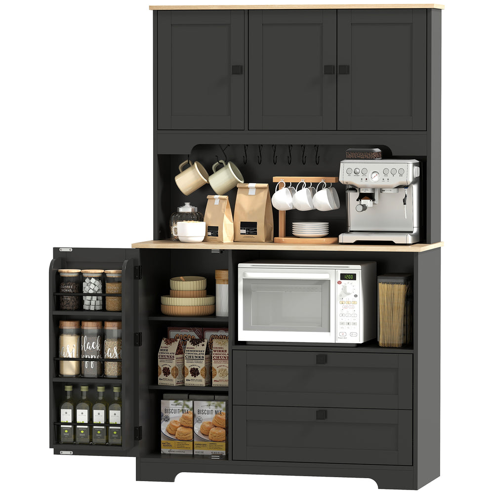 Kitchen unit with 3 cupboards, 2 drawers, adjustable shelves and microwave stand, black.