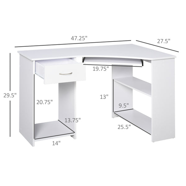 L-Shaped Desk with Keyboard Tray for Small Spaces with Shelves, White