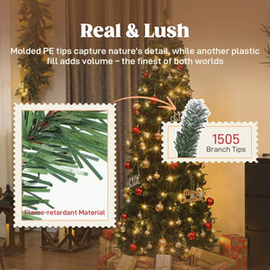 7ft collapsible artificial Christmas tree with metal stand, green, pre-lit.