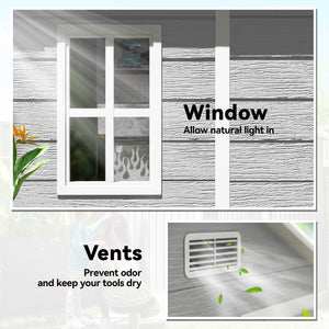 Plastic garden shed with floor, window, lockable doors and ventilation