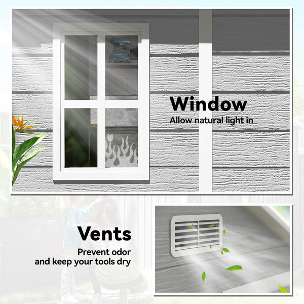 Plastic garden shed with floor, window, lockable doors and ventilation