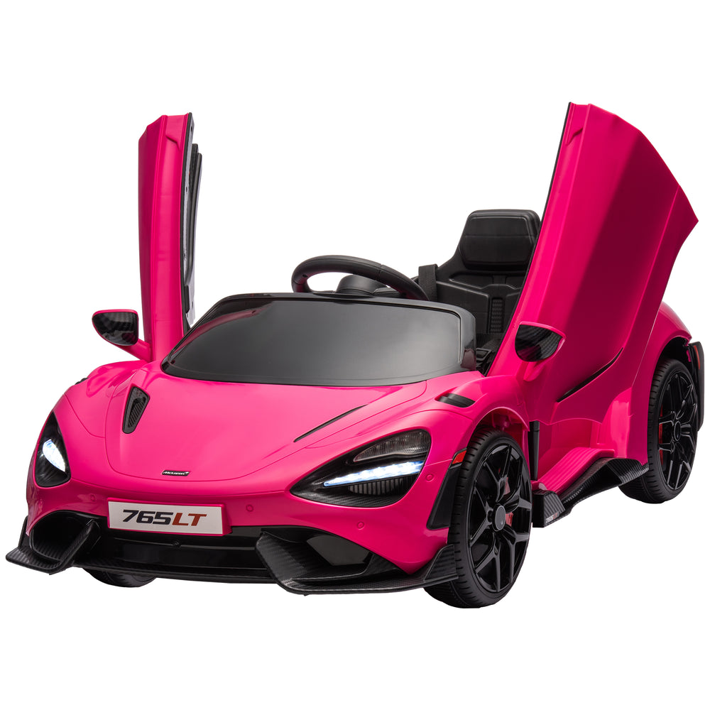 Voiture électrique 12 V McLaren 765LT rose pour enfants, sous licence officielle, avec portes en ciseaux, télécommande, démarrage lent, roues de transport et klaxon musical