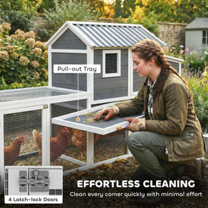 Large wooden chicken coop with run, nesting box, pull-out tray, waterproof roof, and access ramp.