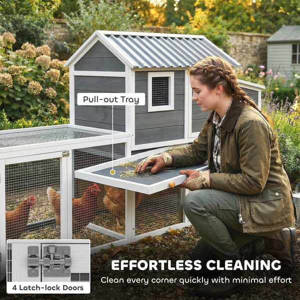 Large wooden chicken coop with run, nesting box, pull-out tray, waterproof roof, and access ramp.