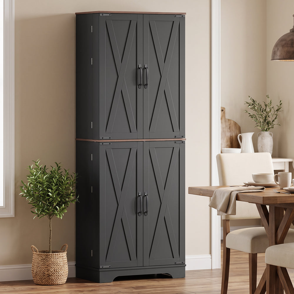 Farmhouse-style tall pantry with 2 cabinets, door, and adjustable shelves, black