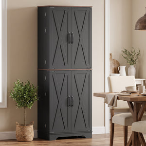 Farmhouse-style tall pantry with 2 cabinets, door, and adjustable shelves, black