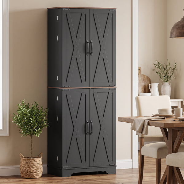 Farmhouse-style tall pantry with 2 cabinets, door, and adjustable shelves, black