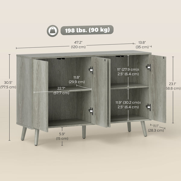 Modern light gray buffet with fluted drawers and adjustable shelves