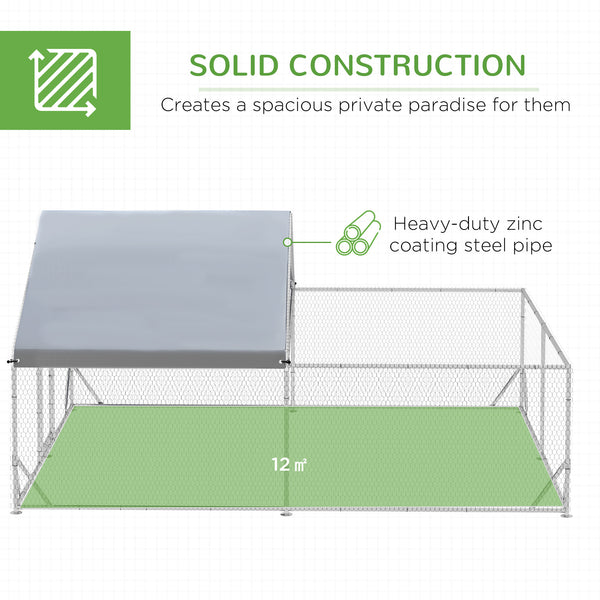 Large metal chicken coop with UV-resistant cover