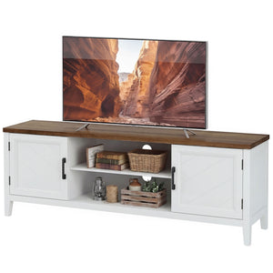 TV stand for TVs up to 42 inches with 2 open shelves, 2 cupboards, thick top, white and brown