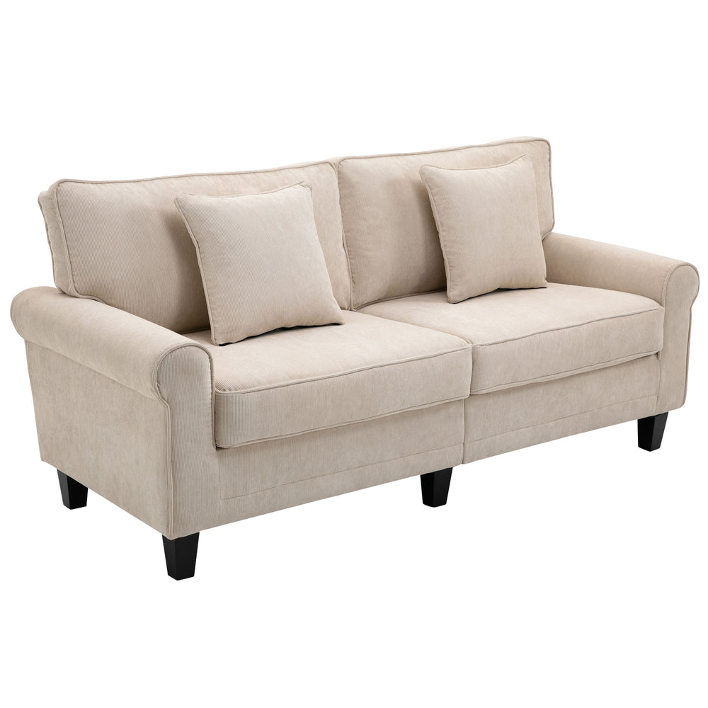 Modern 3-seater sofa in corduroy fabric, pine legs and rolled armrests, beige