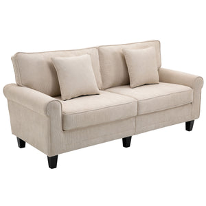 Modern 3-seater sofa in corduroy fabric, pine legs and rolled armrests, beige