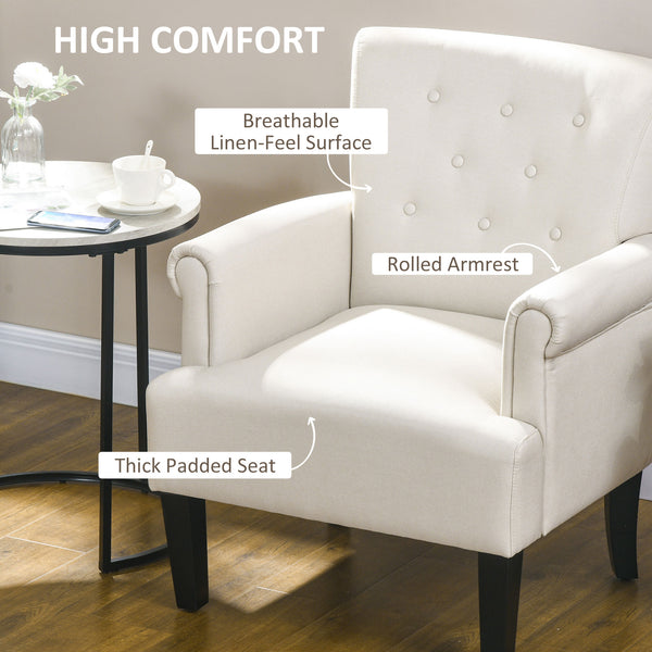 Fabric accent chair with wooden legs and rounded armrests, cream white