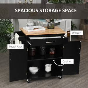 Rolling kitchen cart with wooden top, black