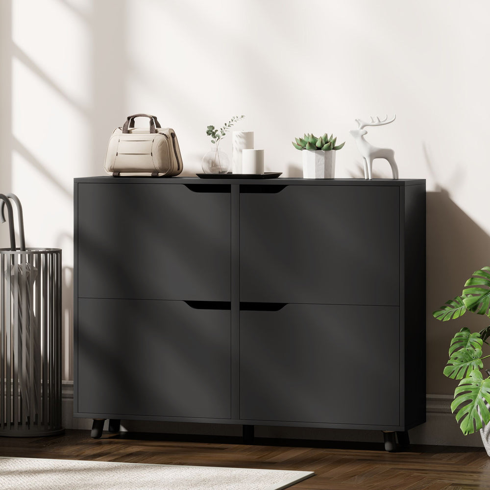 Narrow shoe cabinet for 16 pairs of shoes with 4 hinged drawers and adjustable shelves, black