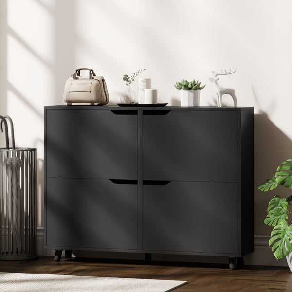 Narrow shoe cabinet for 16 pairs of shoes with 4 hinged drawers and adjustable shelves, black