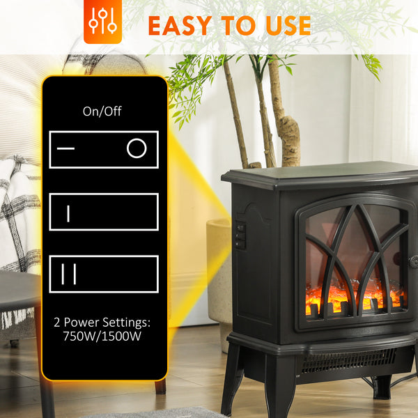 750W/1500W Black Electric Fireplace Stove