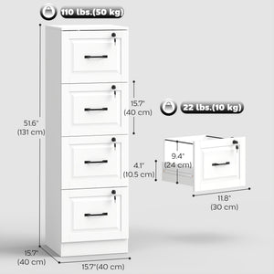 4-drawer vertical filing cabinet with lock, equipped with adjustable hanging rails for A4 and Letter sizes, white.