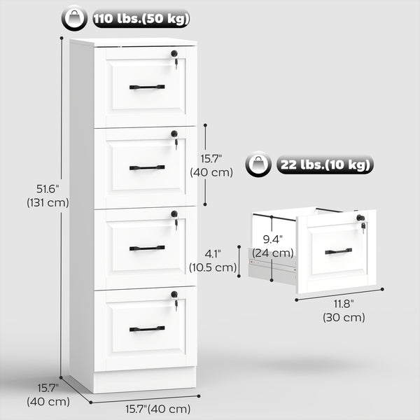 4-drawer vertical filing cabinet with lock, equipped with adjustable hanging rails for A4 and Letter sizes, white.