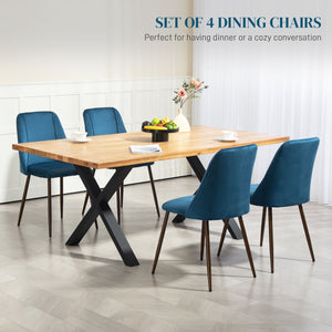 Set of 4 velvet upholstered chairs with wood-effect steel legs, dark blue