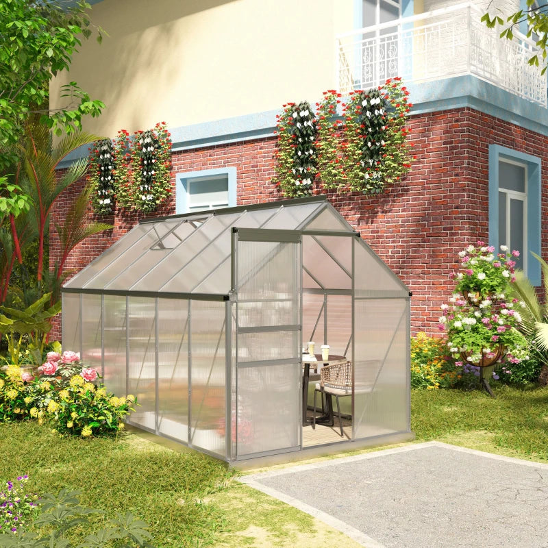 Polycarbonate greenhouse with adjustable roof ventilation and sliding door, transparent