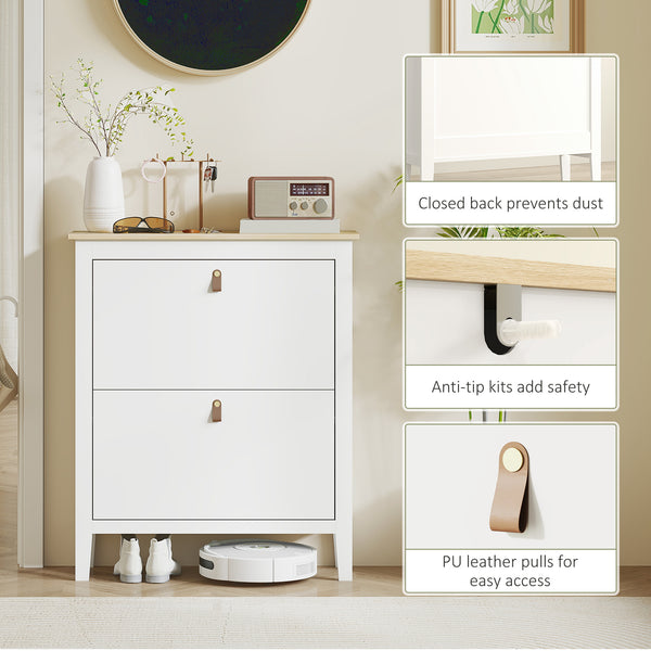 Narrow white and oak-effect shoe cabinet with 2 tilt drawers – 10 to 14 pairs