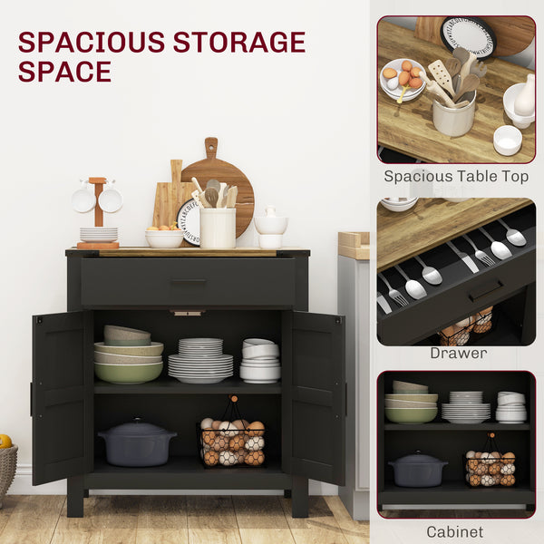Country-style kitchen storage buffet with drawer and shelf, black
