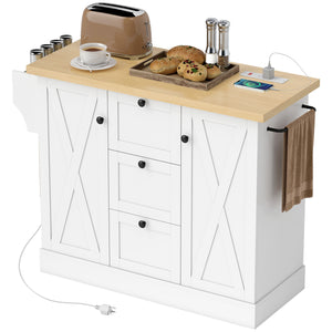 Farmhouse style kitchen island with electrical outlet, soft-close doors, and 3 drawers, white