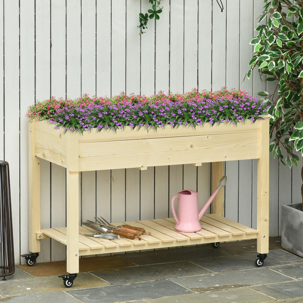 Raised wooden planter with lockable casters and storage shelf