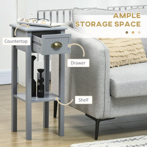 Set of 2 narrow bedside tables with drawer and shelf, gray