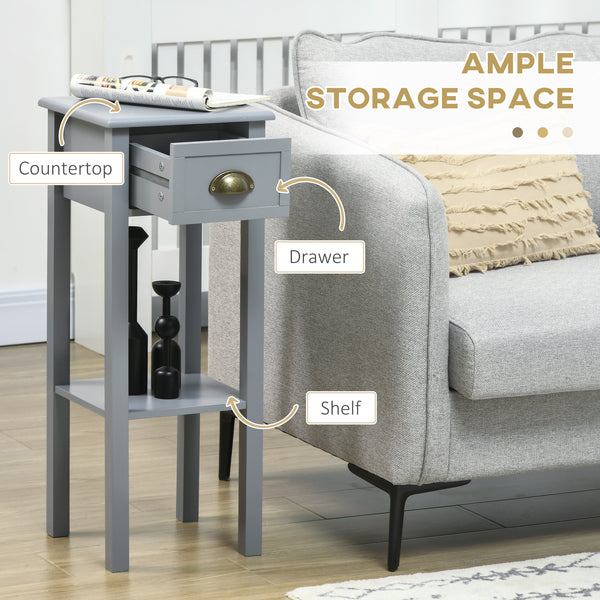 Set of 2 narrow bedside tables with drawer and shelf, gray