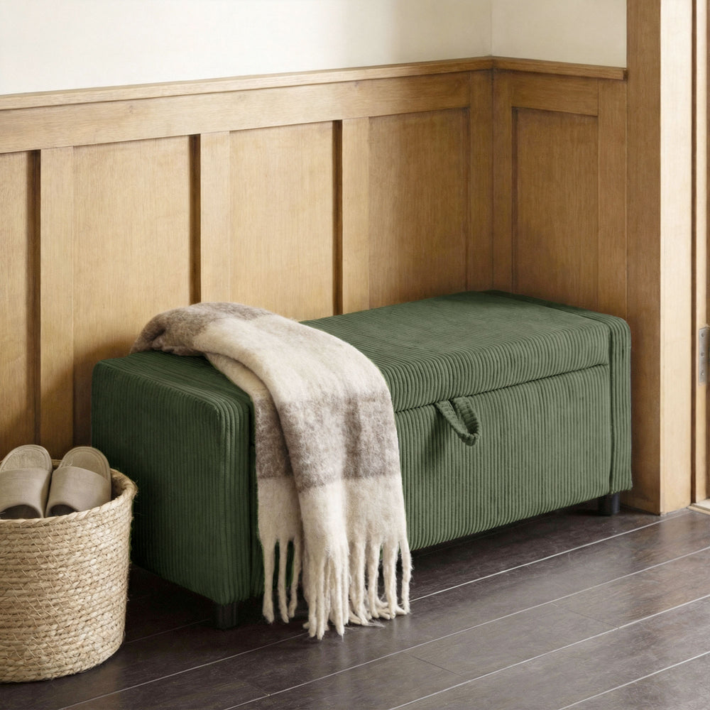 Corduroy Storage Ottoman with Thick Padding, Bedroom Storage Bench, Dark Green