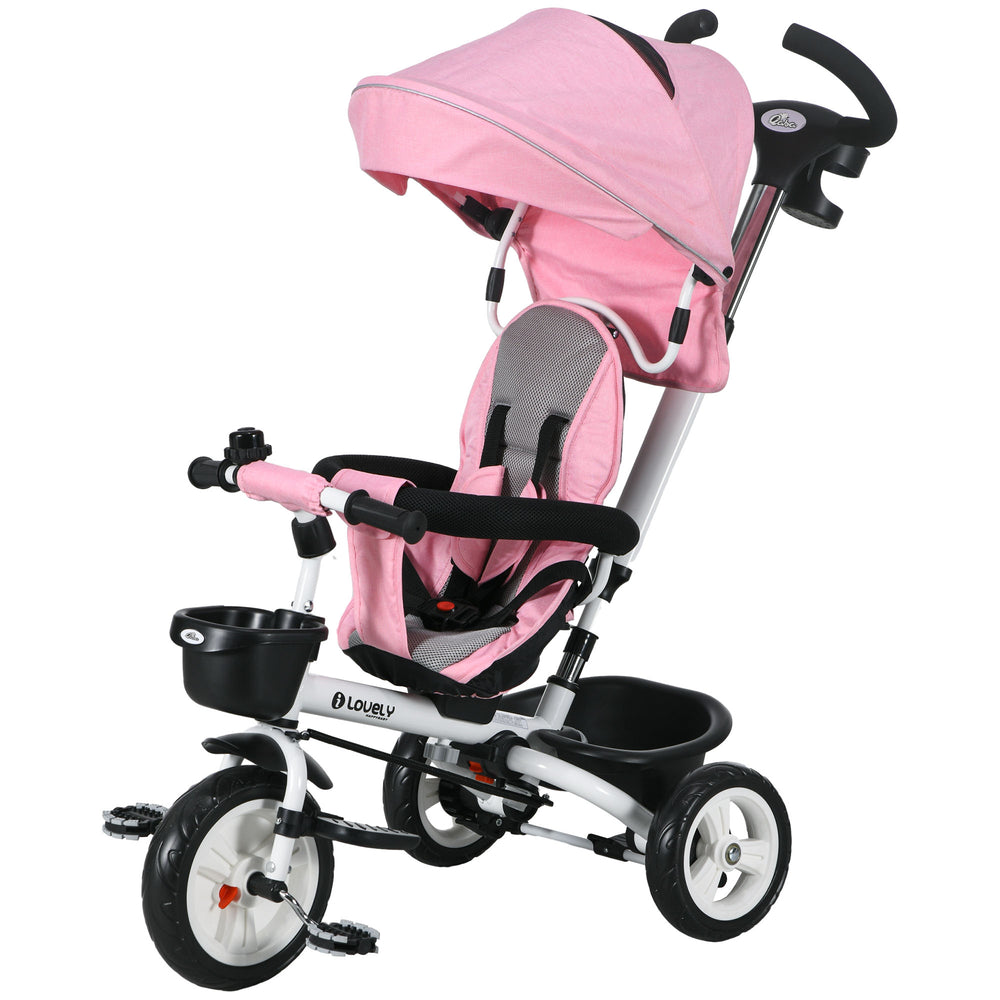 6-in-1 Tricycle with Parent Handle, Canopy, Storage Baskets and Cup Holder, Pink