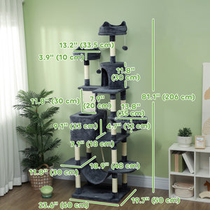 Large 205cm Cat Tree with Scratching Posts, Cabins, Beds, Hammocks, Dark Grey