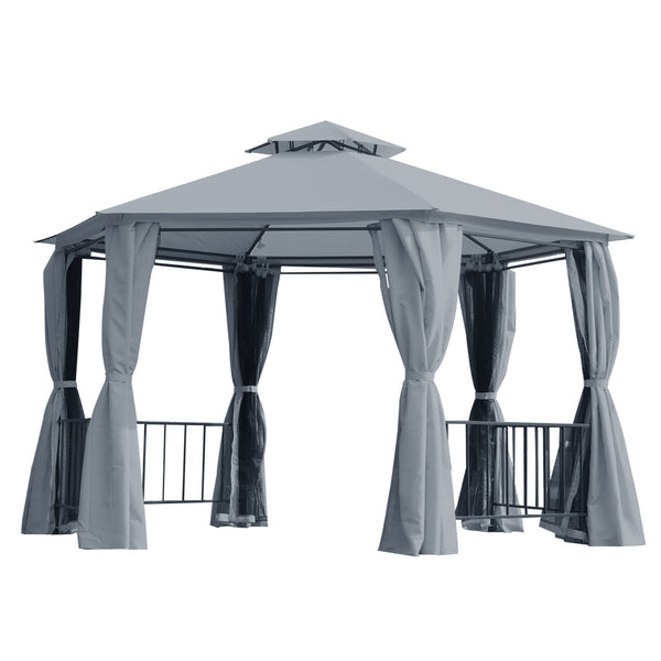 13 ft hexagonal gazebo with mosquito netting and shade curtains, grey