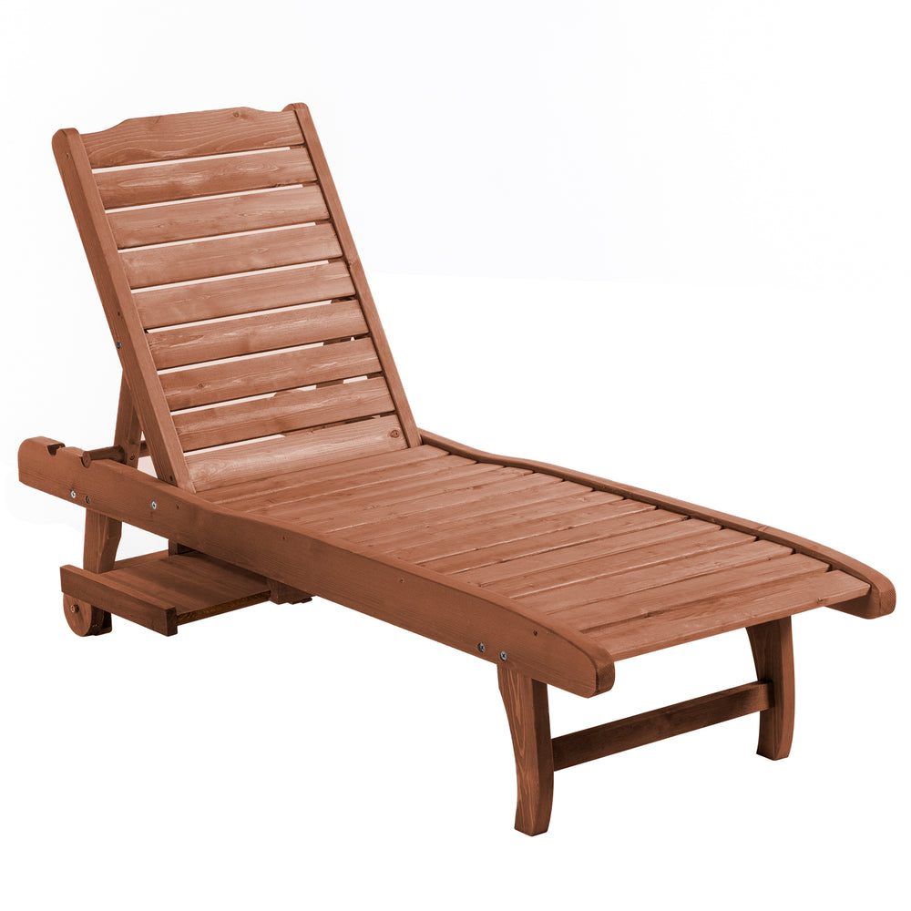 Wooden Outdoor Lounge Chair, Adjustable Patio Outdoor Chaise Recliner Garden Furniture, Tanning Chair with Pull-out Tray and 2 Wheels, Brown