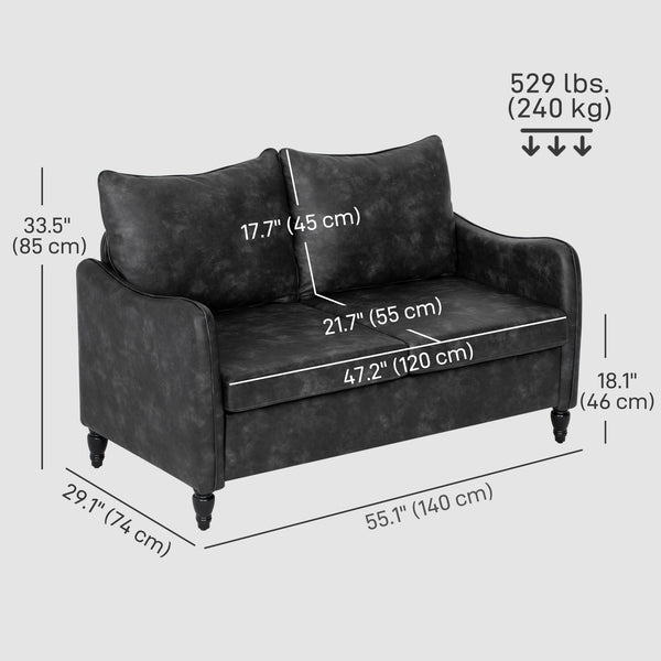 2 seater sofa with solid wood legs upholstered in faux leather, gray