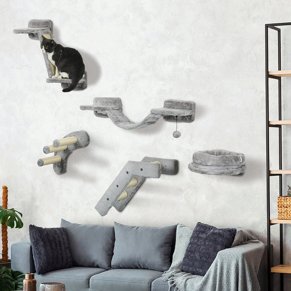 Wall-mounted cat shelves with scratching post, ladder and basket