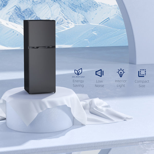 Double Door Mini Fridge with Freezer, 4.6 cu. ft., Thermostat, Shelves, Reversible Door, Black