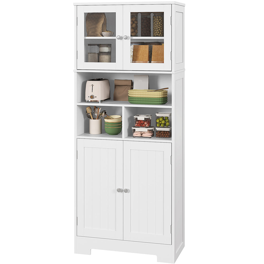 Kitchen Pantry with Glass Doors, Adjustable Shelves, Open Compartments, White