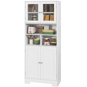 Kitchen Pantry with Glass Doors, Adjustable Shelves, Open Compartments, White
