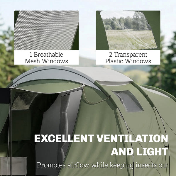 Camping Tent Waterproof Camping Tent with Two Rooms for 3-4 People, Green