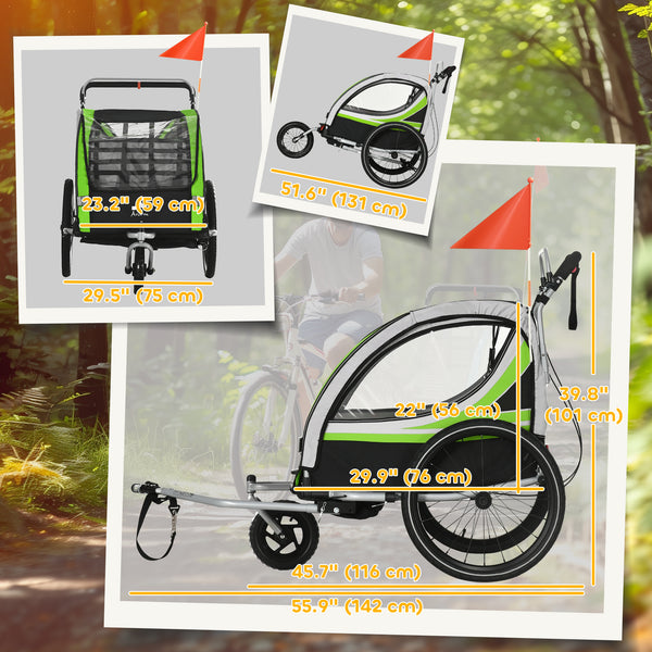 3-in-1 bike trailer with 5-point harness, storage, green