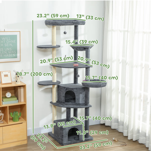 Tall cat tree with scratching posts, perches, caves, hammock and pom-poms, for 2 to 3 indoor cats, dark grey