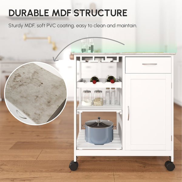 Rolling kitchen trolley with wooden top and drawer, white