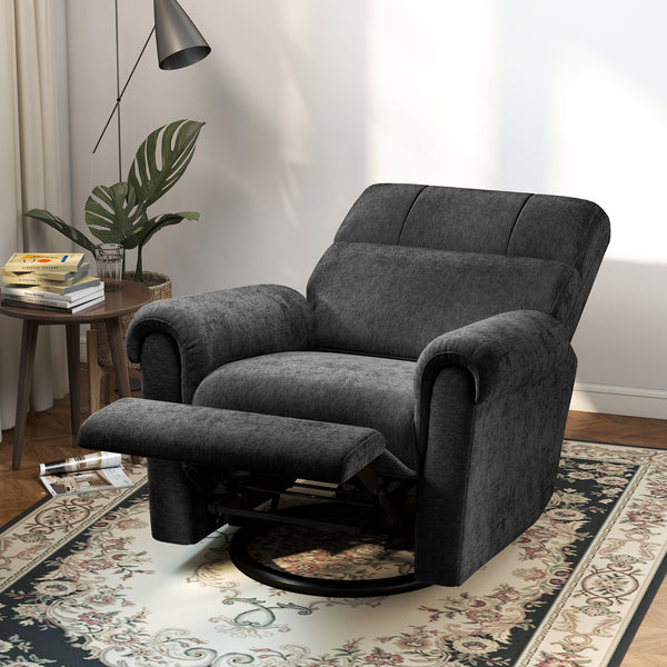 Electric reclining chair, fabric upholstery, USB ports, swivel and rocking function, footrest, black