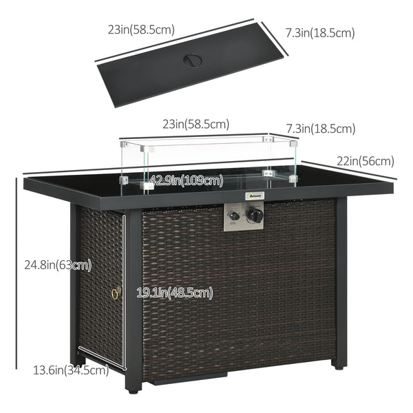 Propane Fire Pit Table 43" Outdoor Fire Table, 50,000 BTU Pulse-Ignition Wicker Firepit Furniture with Glass Wind Guard, Blue Glass Rock, CSA Certification, Coffee