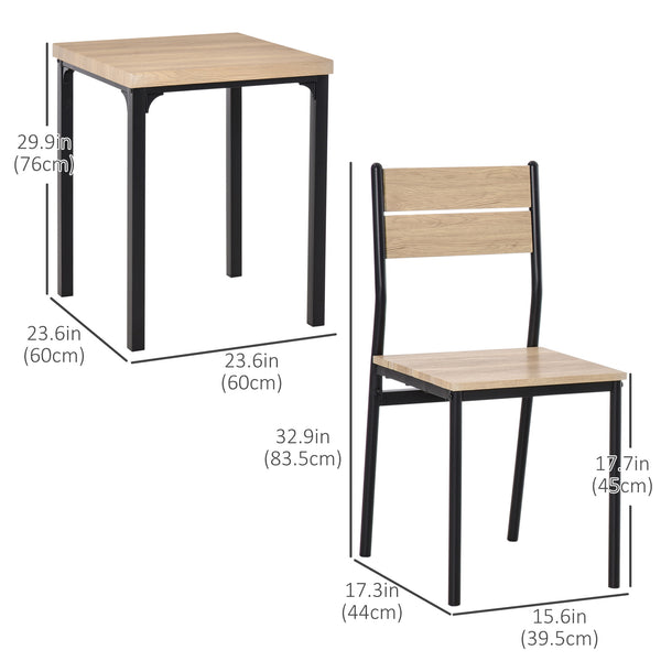 3-piece table and chairs set with metal legs, in natural wood.